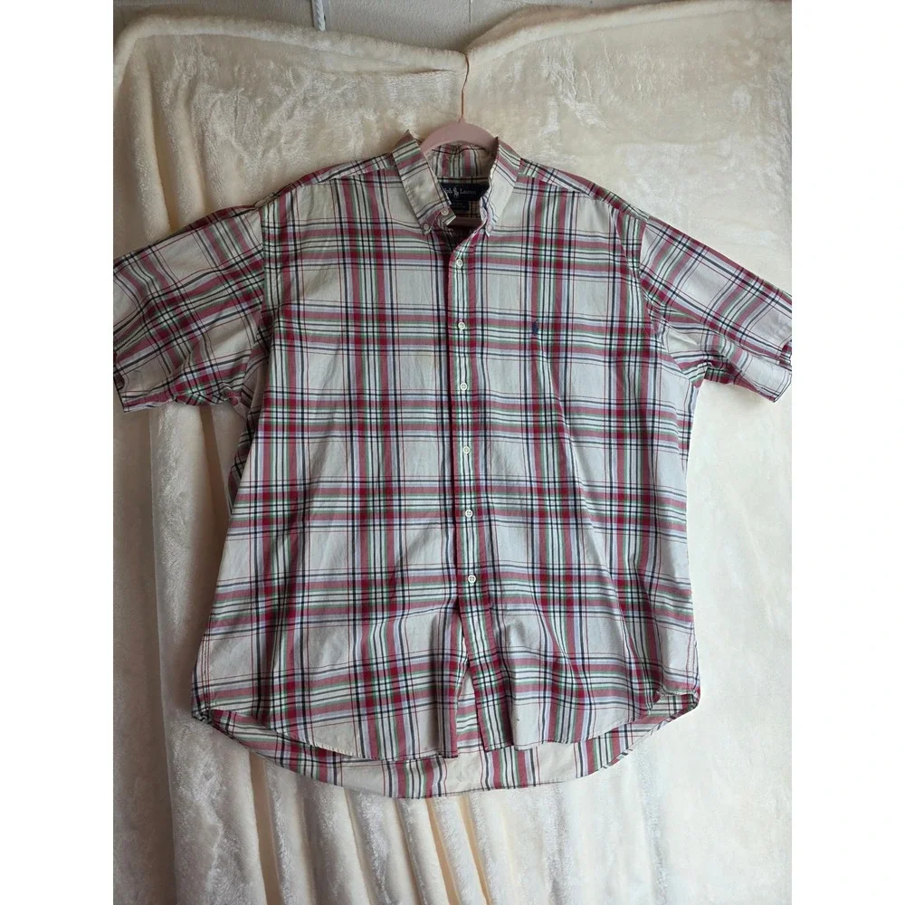 Ralph Lauren Blake Plaid Short Sleeve Button Down‎ Shirt Men XL Cream Red Green